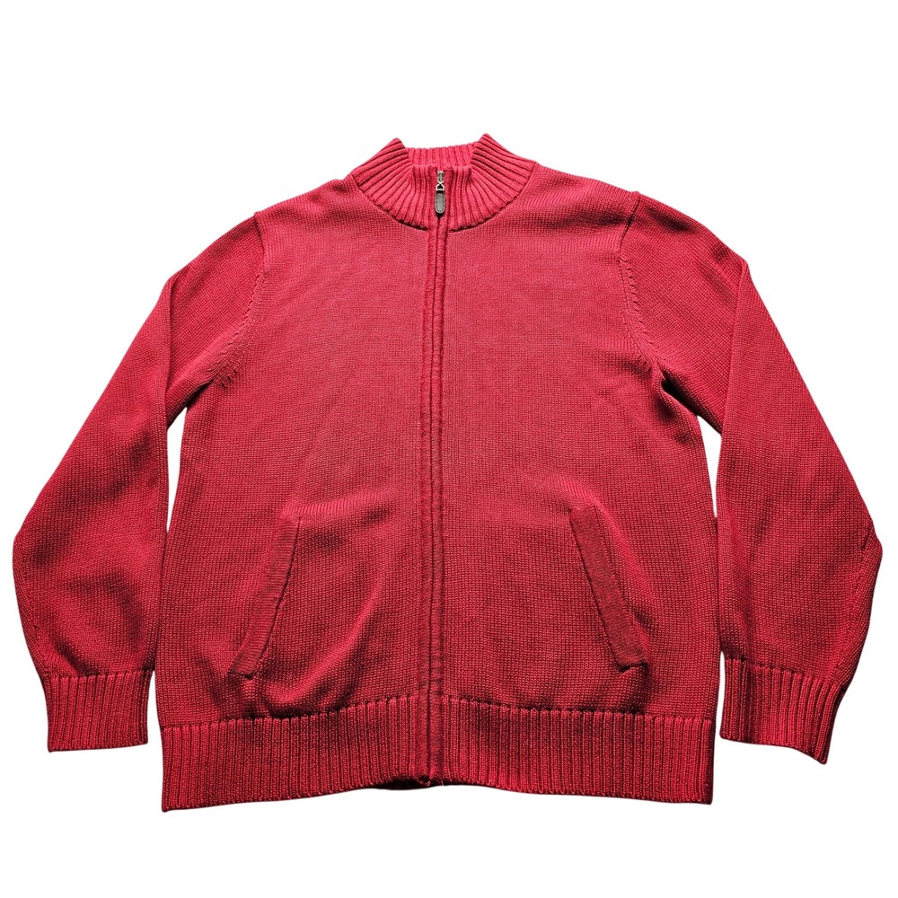 LL Bean Full Zip Cardigan Sweater Mens Medium Regular Red Cotton Mock Neck 4914